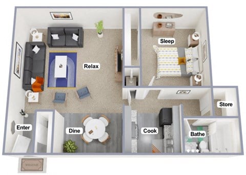 Floor plan for 1 bed, 1 bath, 645 sqft